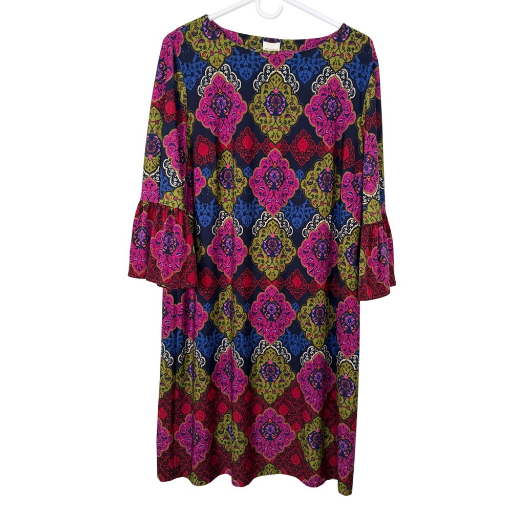 Chicos Women Size 2 Large Blue Pink Green Paisley Medallion Bell Sleeve Dress